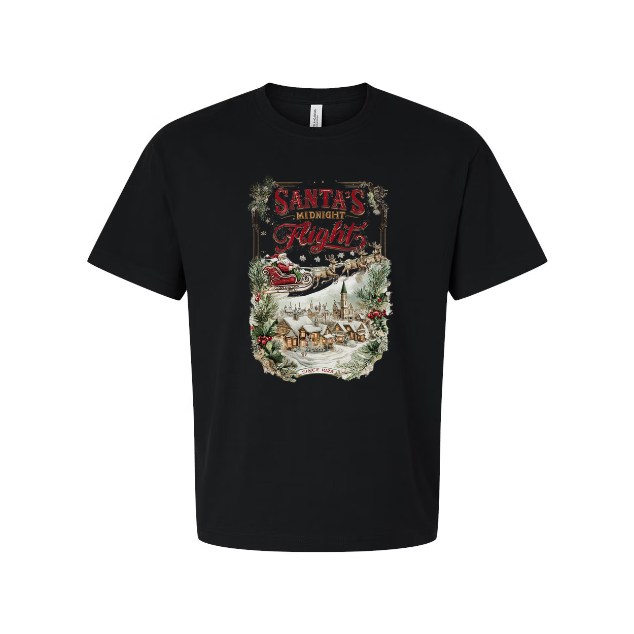 Santa's Midnight Flight Unisex Christmas T Shirt With Vintage Village Scene Festive Design