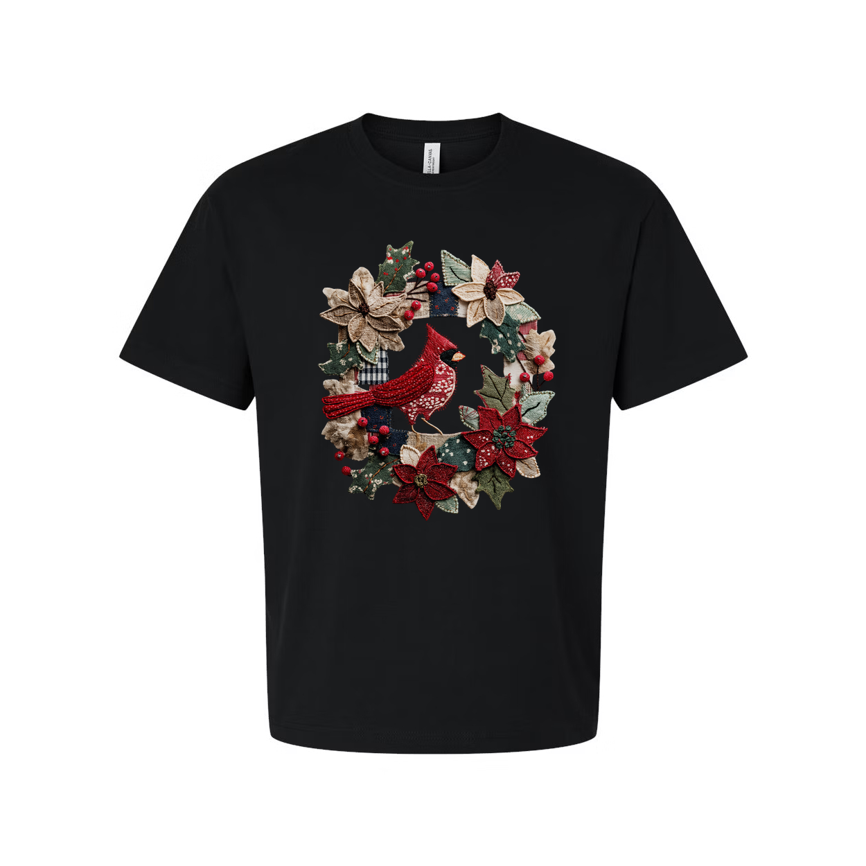 Unisex Christmas T Shirt Featuring Red Cardinal In A Festive Holly And Poinsettia Wreath