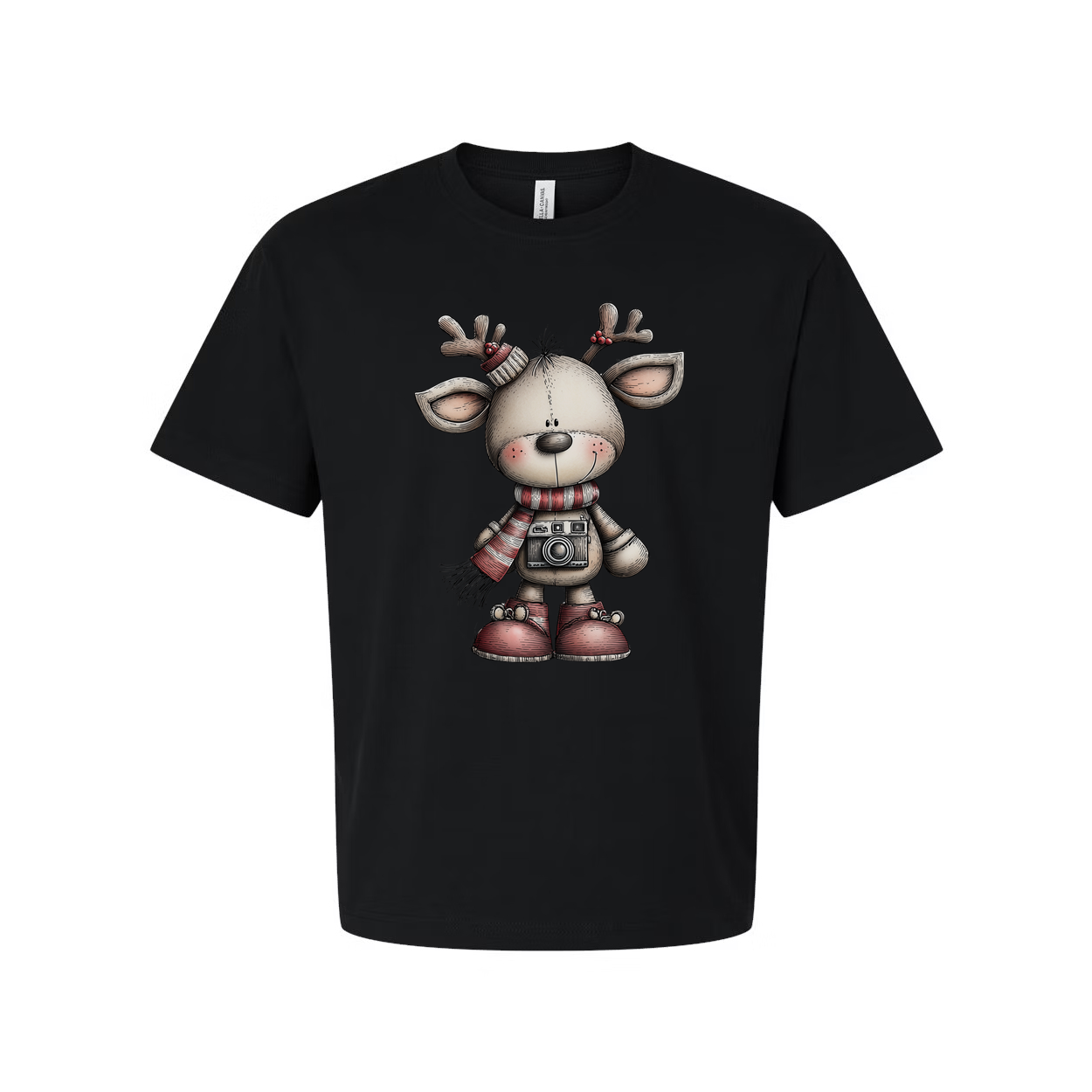 White Unisex Christmas Reindeer Graphic T Shirt With Scarf And Camera Design Illustrated