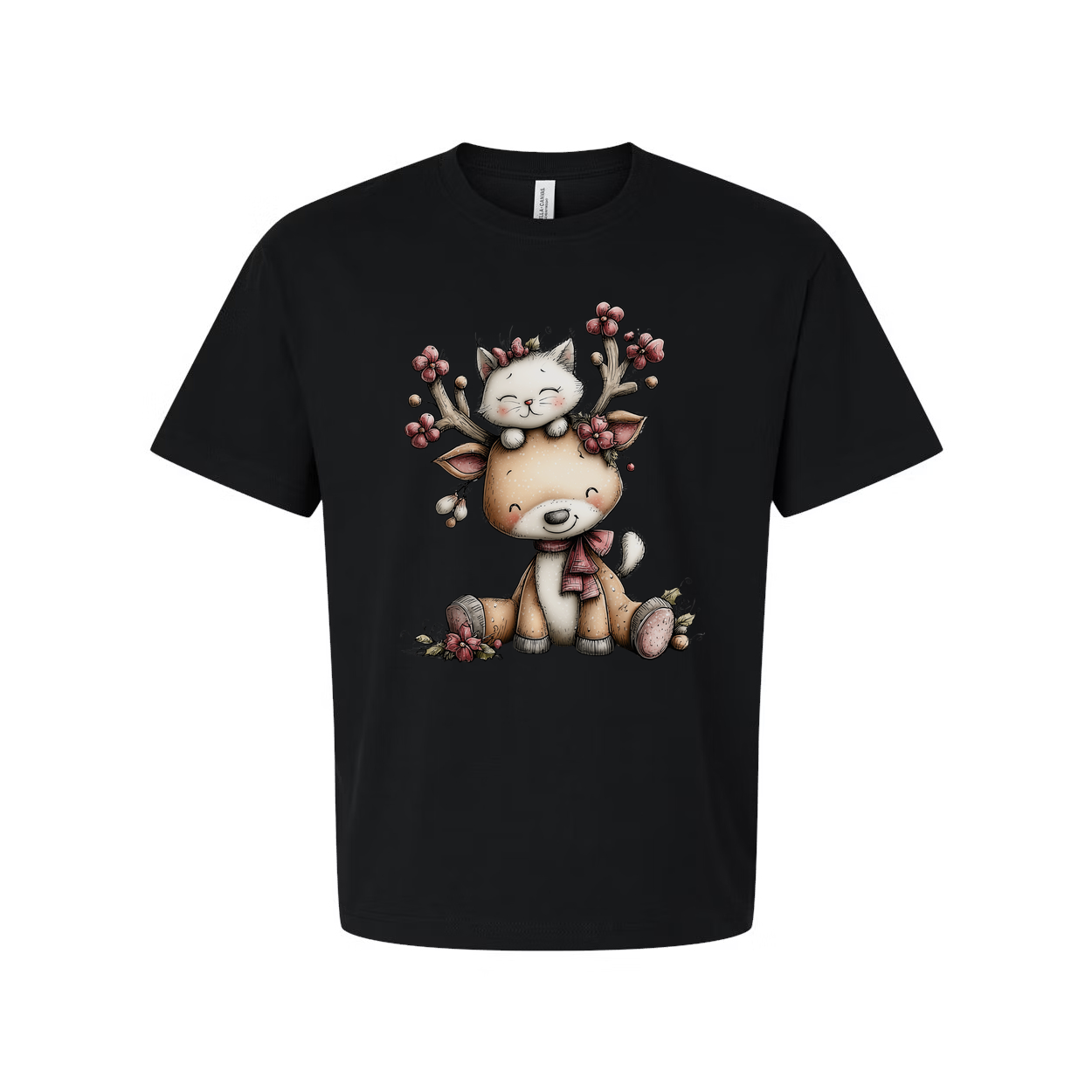 Unisex Christmas T Shirt With Cute Deer And Kitten Graphic Print In Winter Scene