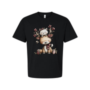 Unisex Christmas T Shirt With Cute Deer And Kitten Graphic Print In Winter Scene