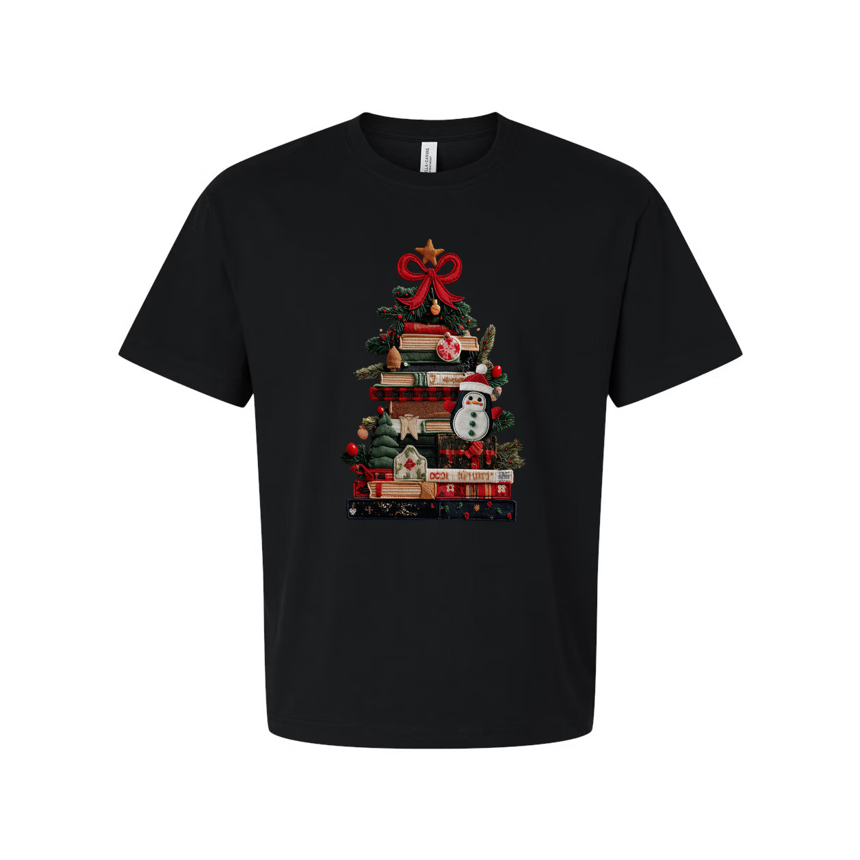 Unisex Christmas T Shirt With Book Tree Design And Snowman Ornament Graphic Tee For Holidays