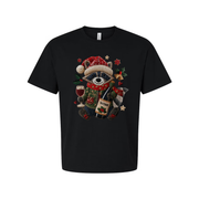 White Unisex Christmas Raccoon Graphic T Shirt With Santa Hat Scarf Wine Bottle And Holly