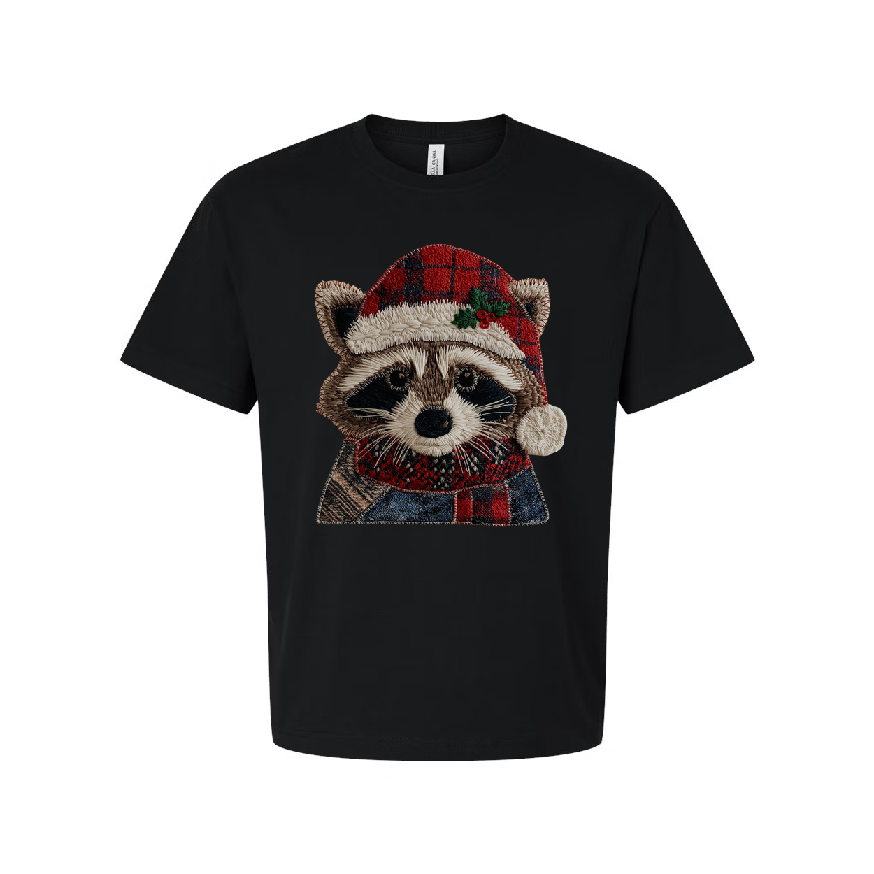 Raccoon Christmas T Shirt With Plaid Santa Hat And Cozy Scarf For Holiday Cheer