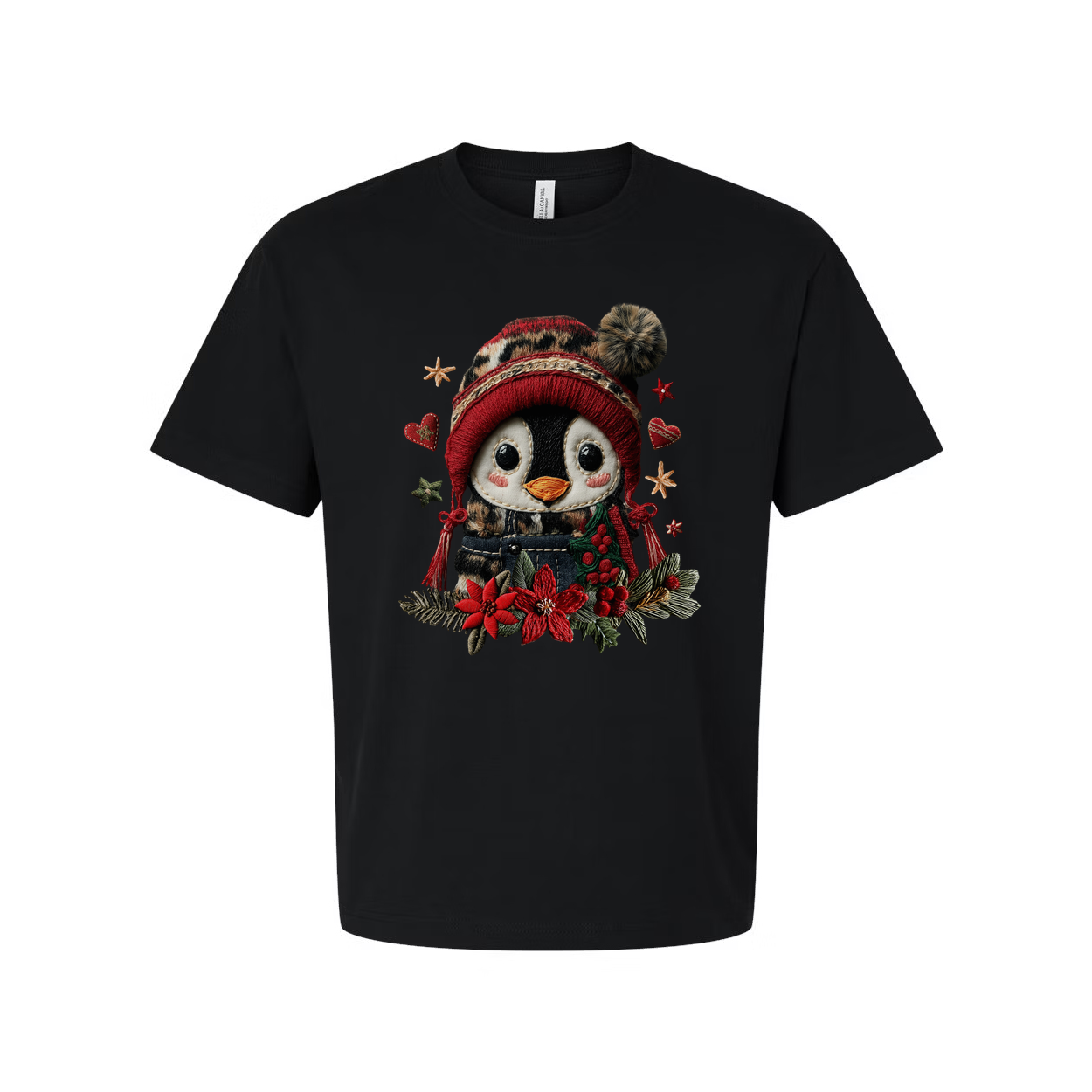 Penguin Christmas Graphic Tee With Red Winter Beanie And Festive Floral Embellishments For Holidays