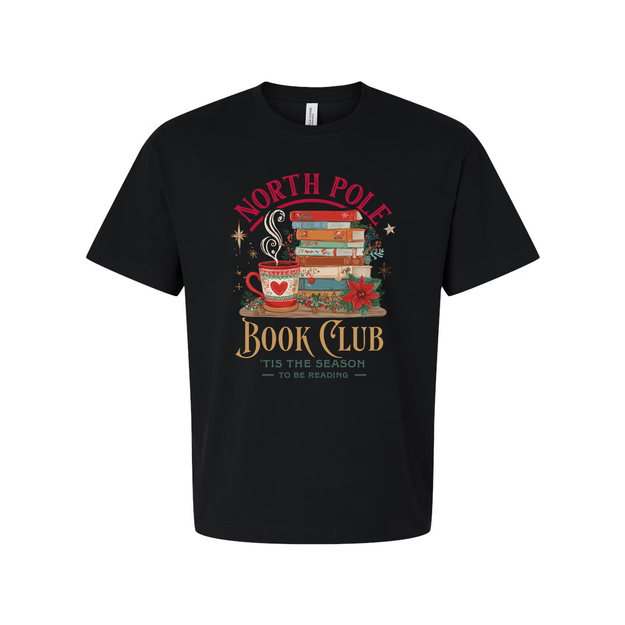 North Pole Book Club T Shirt Christmas Design With Stacked Books And Cozy Mug For Winter Holidays