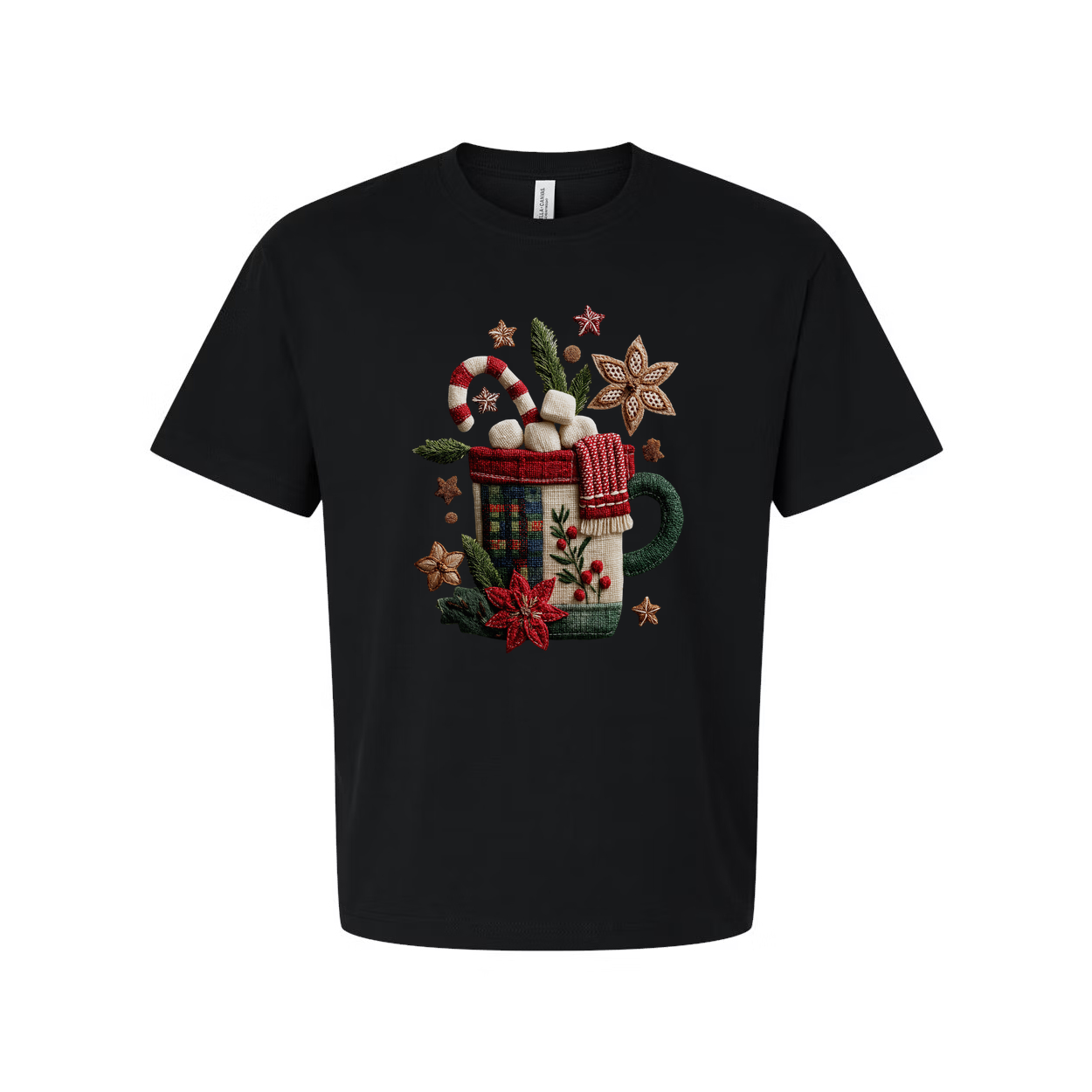 White Unisex Christmas T Shirt With Festive Mug Design Candy Canes Marshmallows And Poinsettias
