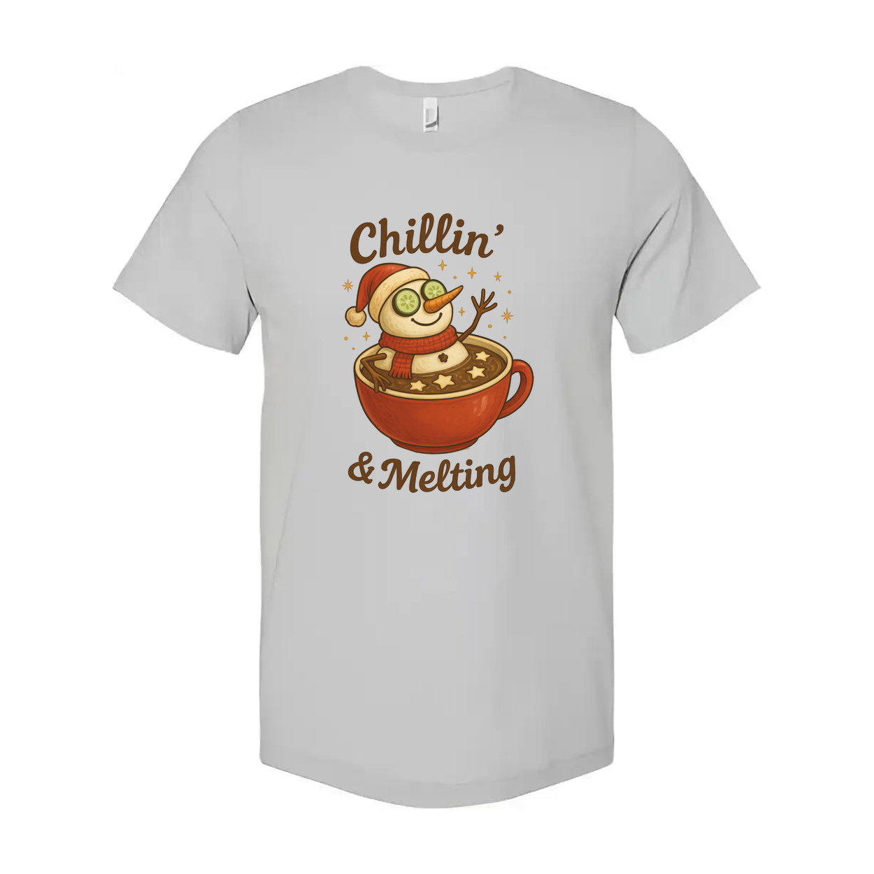 Unisex Christmas T Shirt White Graphic Tee Chillin And Melting Snowman Mug Hot Cocoa Design