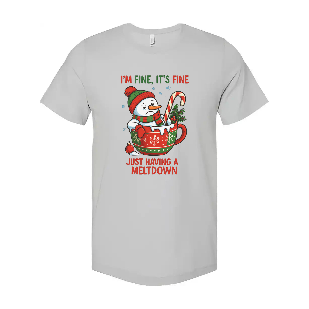 Merry Christmas Unisex T Shirt With Snowman In A Festive Mug And Candy Cane Graphic And Meltdown Quote Im Fine Its Fine