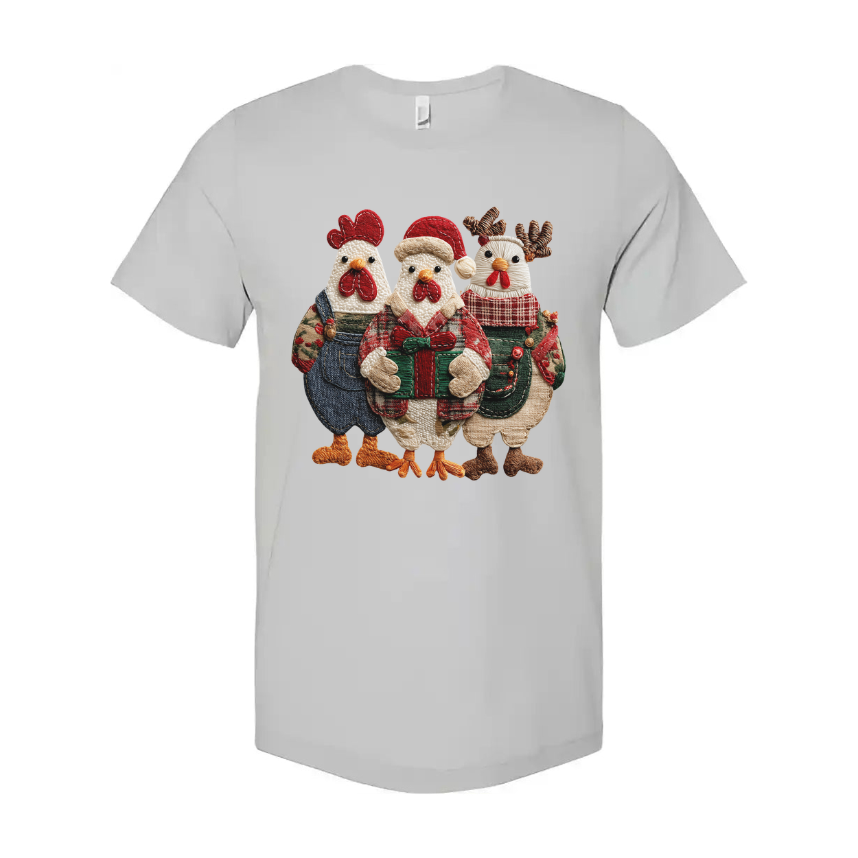 Unisex Christmas T Shirt With Festive Three Chickens In Holiday Outfits And Gift