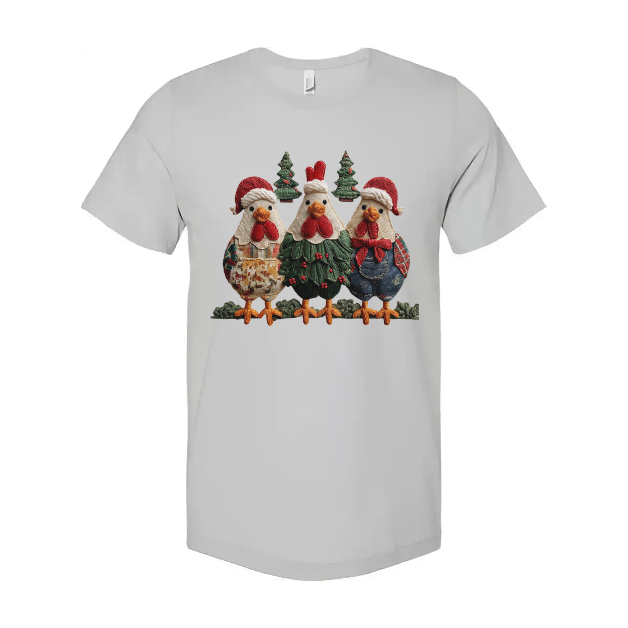 Three Christmas Chickens T Shirt With Santa Hats And Christmas Trees Design Holiday Cheer