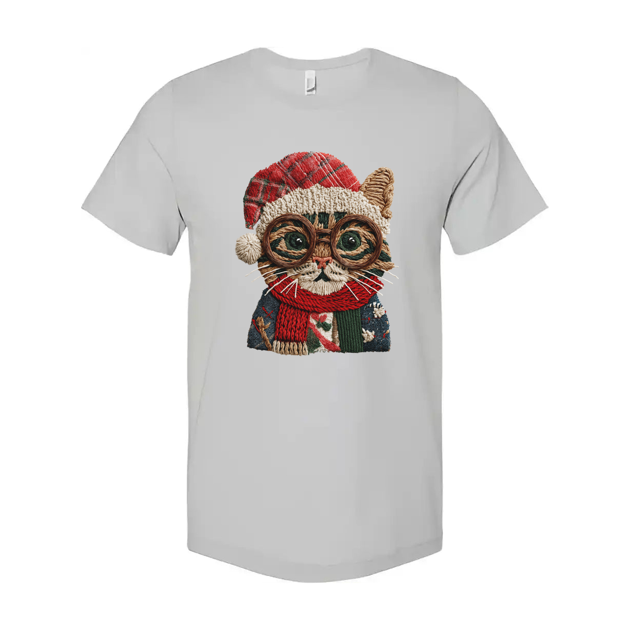Unisex Christmas Cat Graphic T Shirt With Knitted Look Glasses Santa Hat And Scarf