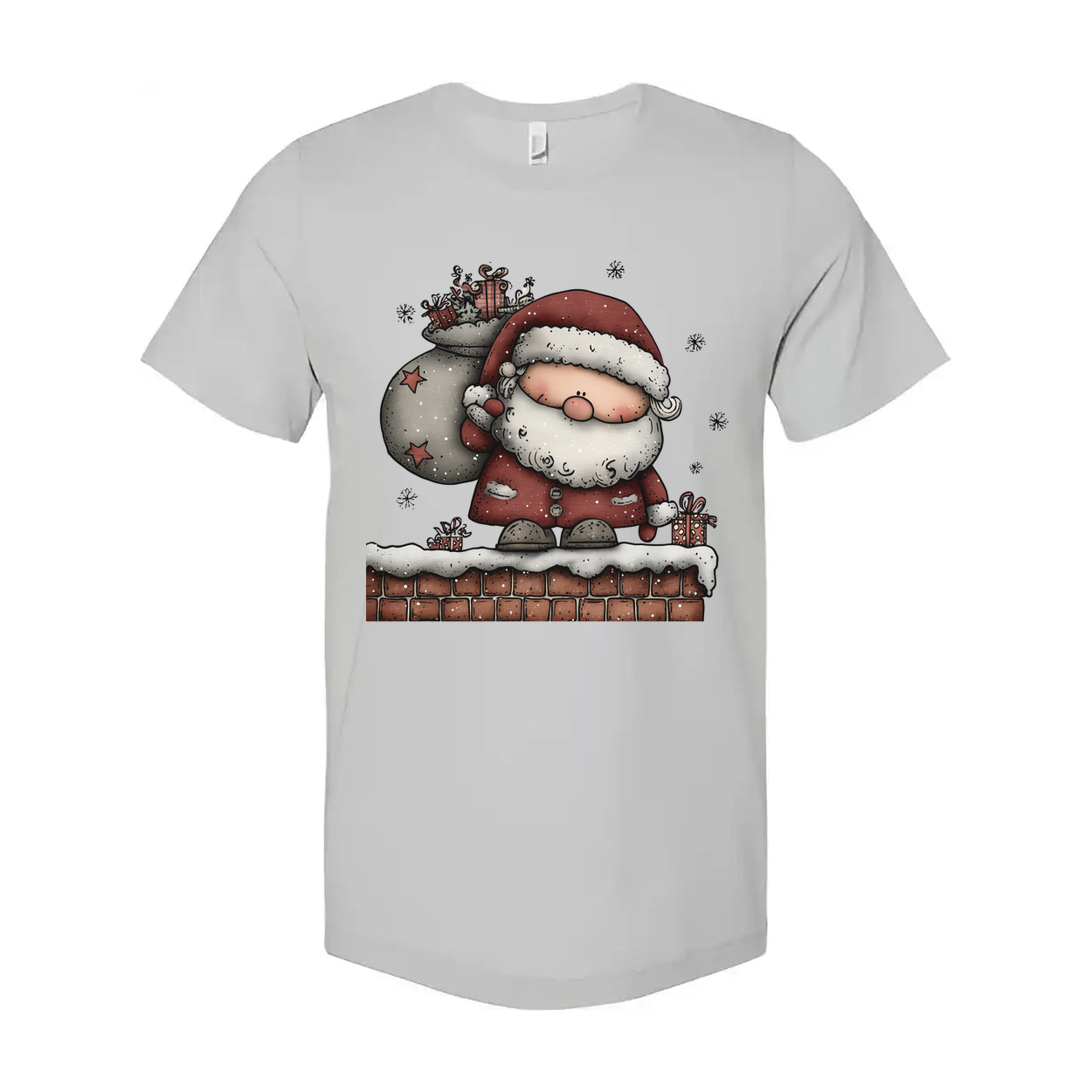 Santa Claus Standing On Snowy Chimney With Gift Sack Unisex Christmas Graphic T Shirt
