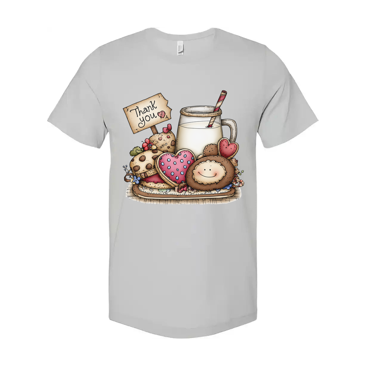 Unisex Graphic T Shirt With Milk And Cookies Illustration And Thank You Sign Print
