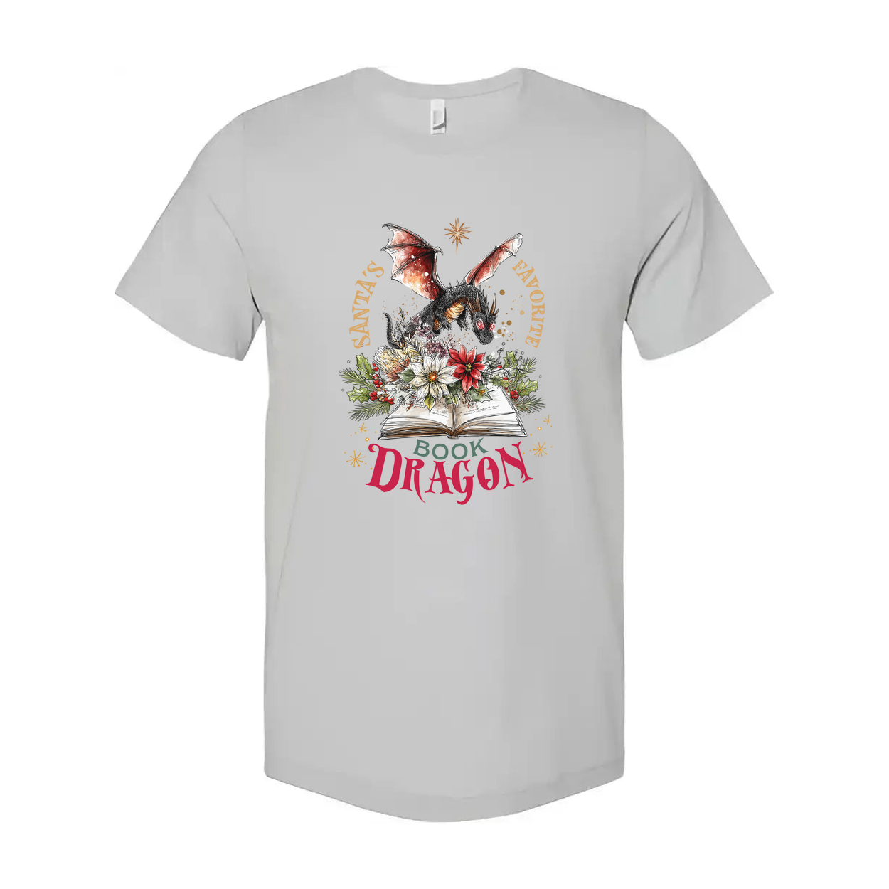 Unisex Christmas T Shirt Featuring A Dragon On An Open Book With Floral Accents And Santas Favorite