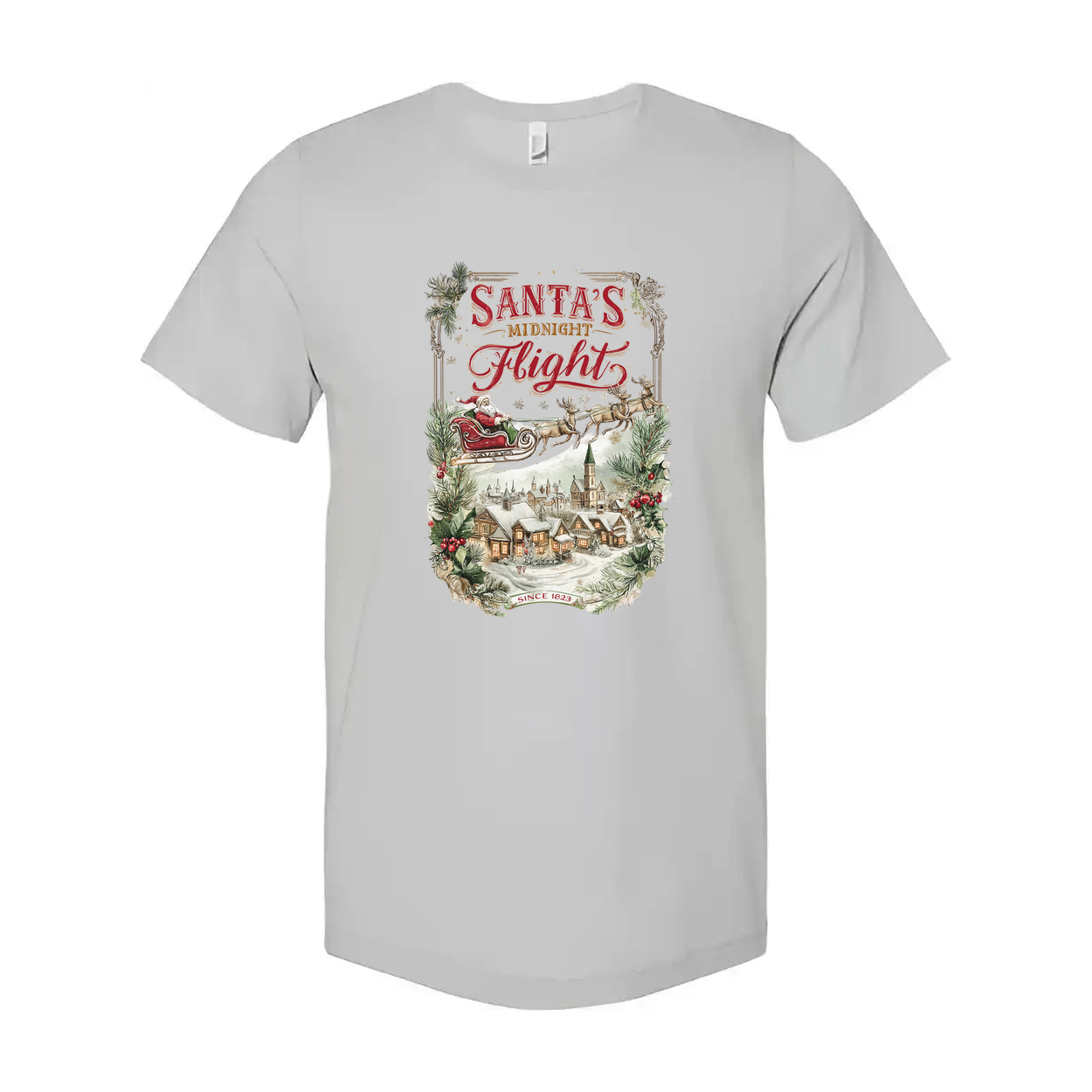 Santa's Midnight Flight Unisex Christmas T Shirt With Vintage Village Scene Festive Design