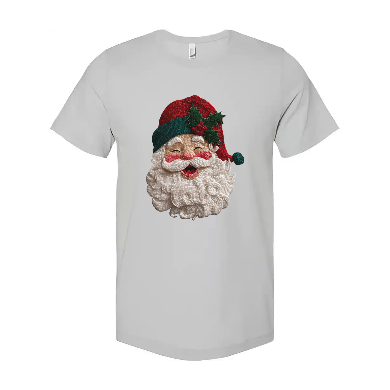 Unisex Christmas T Shirt With Santa Face And Holly Hat Design For Holiday Cheer