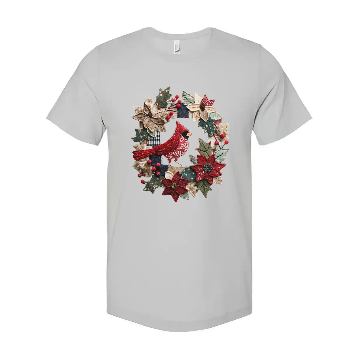 Unisex Christmas T Shirt Featuring Red Cardinal In A Festive Holly And Poinsettia Wreath