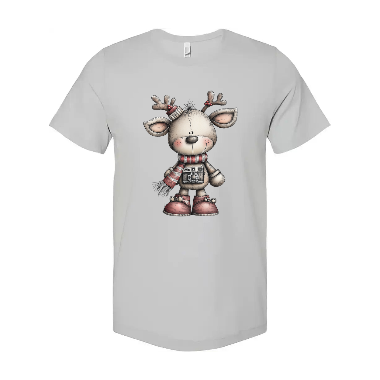 White Unisex Christmas Reindeer Graphic T Shirt With Scarf And Camera Design Illustrated