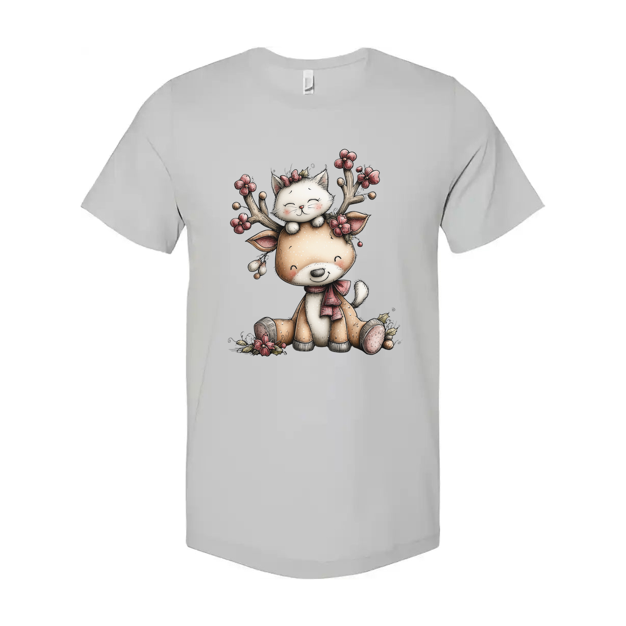 Unisex Christmas T Shirt With Cute Deer And Kitten Graphic Print In Winter Scene