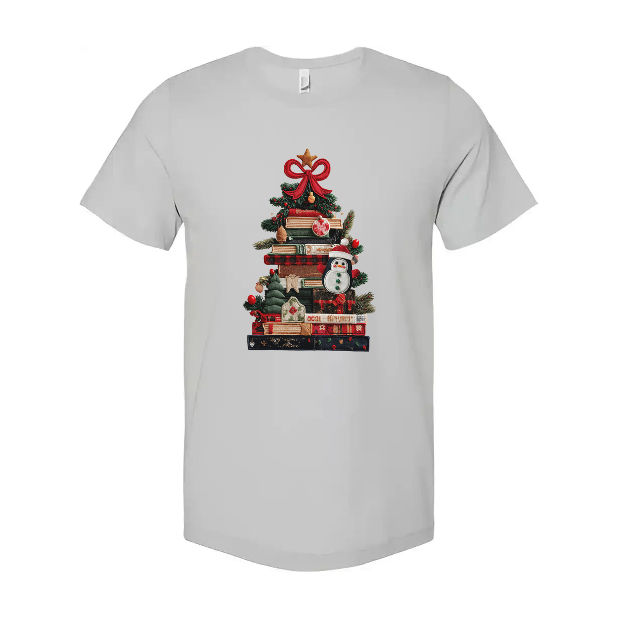 Unisex Christmas T Shirt With Book Tree Design And Snowman Ornament Graphic Tee For Holidays