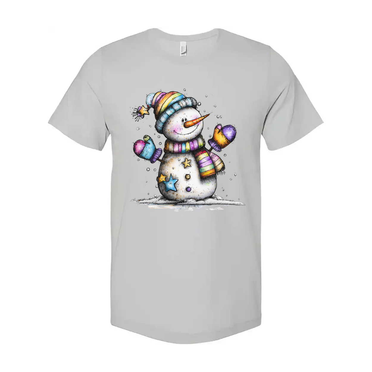 Colorful Snowman T Shirt With Rainbow Scarf And Beanie Christmas Design For Unisex Wear