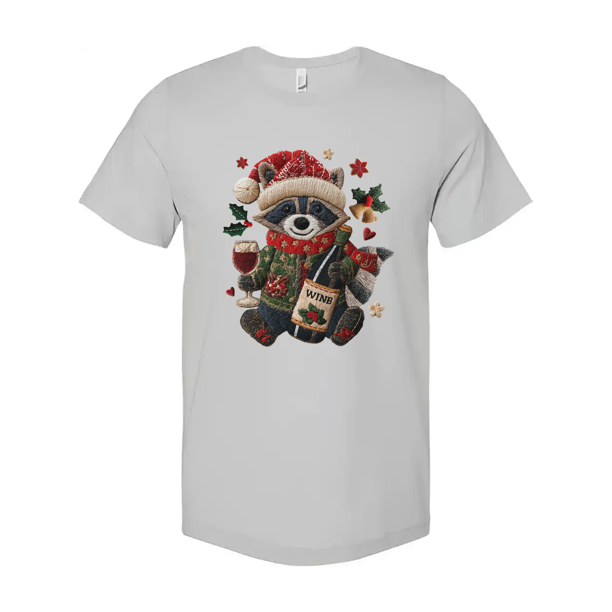 White Unisex Christmas Raccoon Graphic T Shirt With Santa Hat Scarf Wine Bottle And Holly