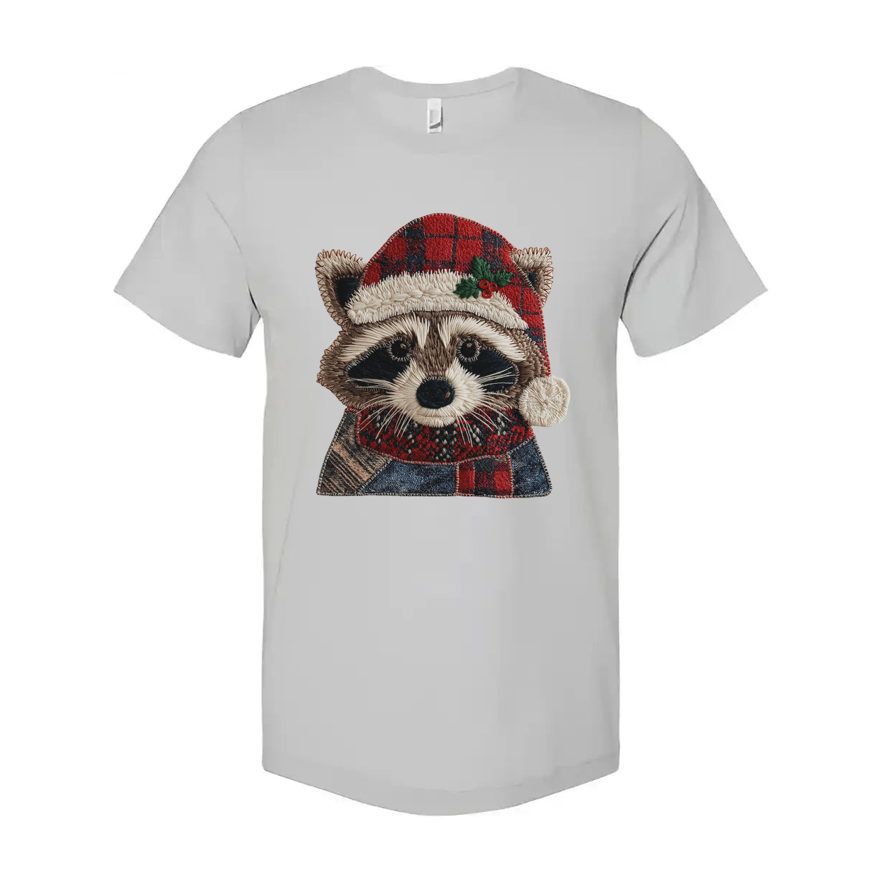 Raccoon Christmas T Shirt With Plaid Santa Hat And Cozy Scarf For Holiday Cheer