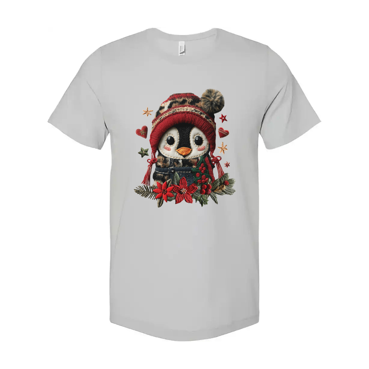 Penguin Christmas Graphic Tee With Red Winter Beanie And Festive Floral Embellishments For Holidays