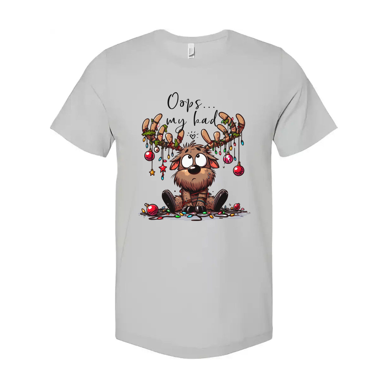 Unisex Christmas Graphic T Shirt With Cute Reindeer Character And Oops My Bad Text Design