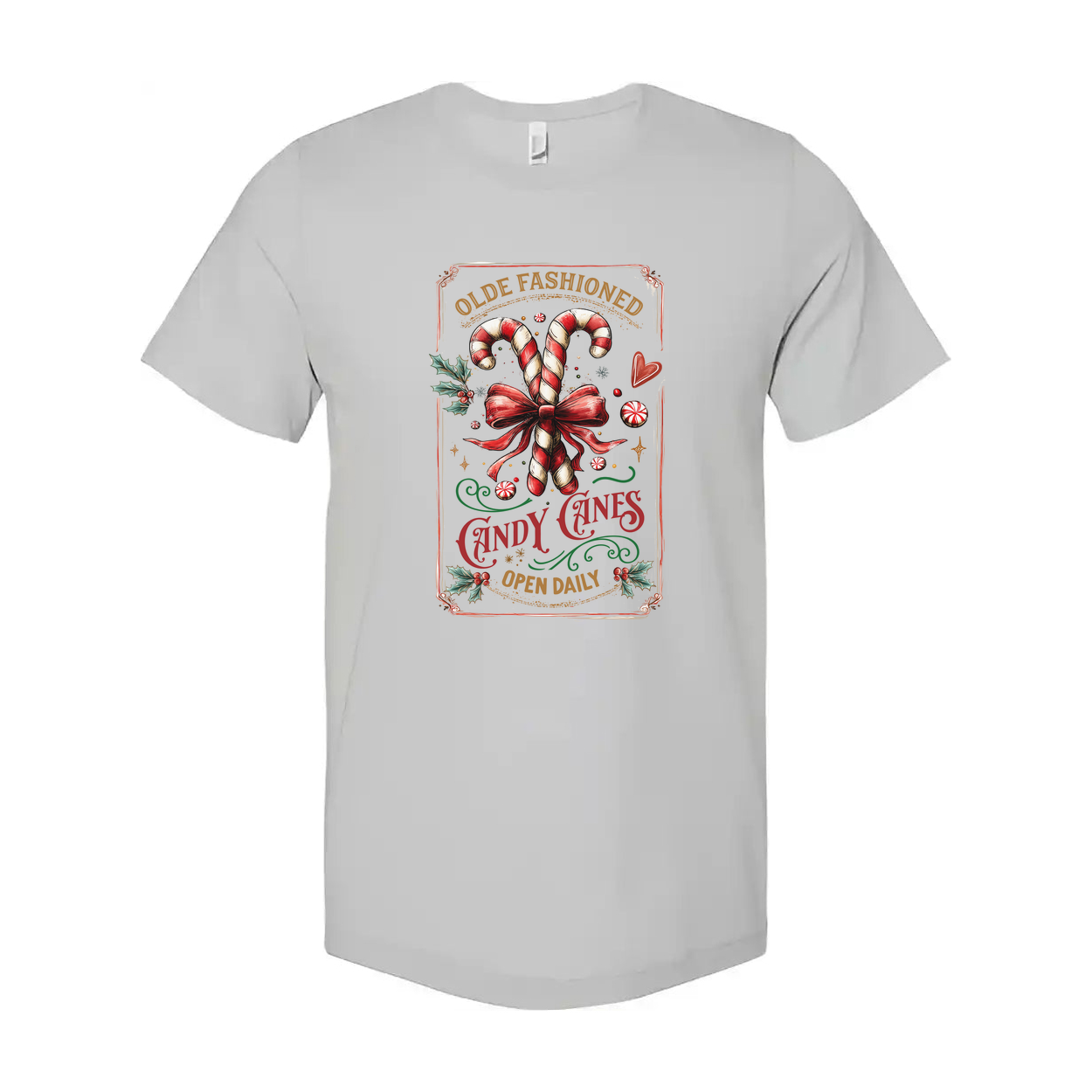Unisex Christmas T Shirt With Olde Fashioned Candy Canes And Holiday Bow Design Graphic