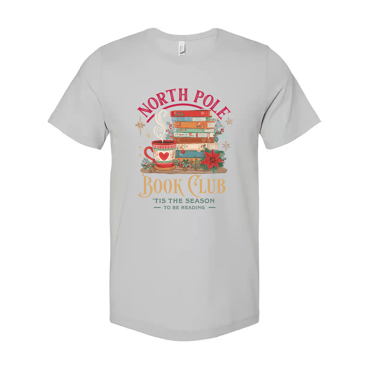 North Pole Book Club T Shirt Christmas Design With Stacked Books And Cozy Mug For Winter Holidays