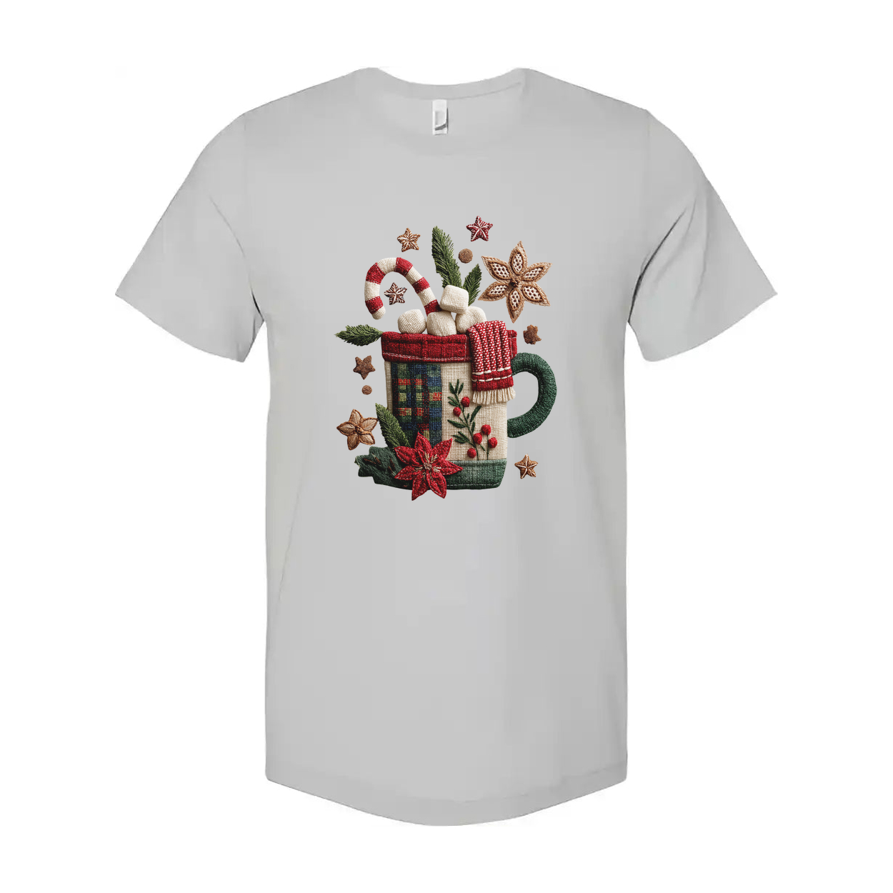 White Unisex Christmas T Shirt With Festive Mug Design Candy Canes Marshmallows And Poinsettias