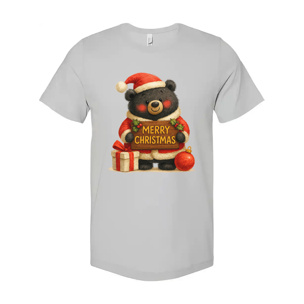 Unisex Christmas T Shirt With Cute Bear Santa Graphic Holding A Merry Christmas Sign