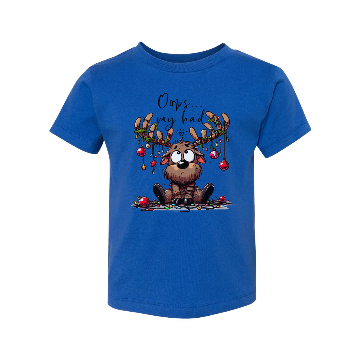 Unisex Christmas Graphic T Shirt With Cute Reindeer Character And Oops My Bad Text Design