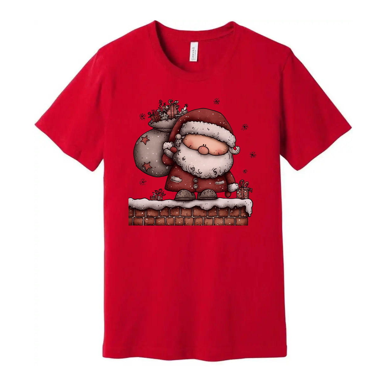 Santa Claus Standing On Snowy Chimney With Gift Sack Unisex Christmas Graphic T Shirt