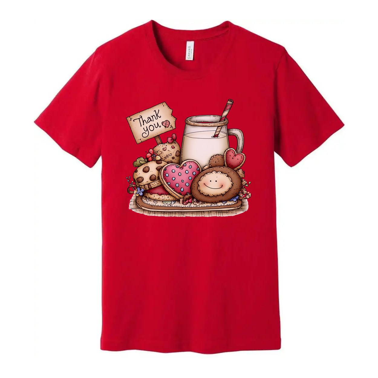 Unisex Graphic T Shirt With Milk And Cookies Illustration And Thank You Sign Print