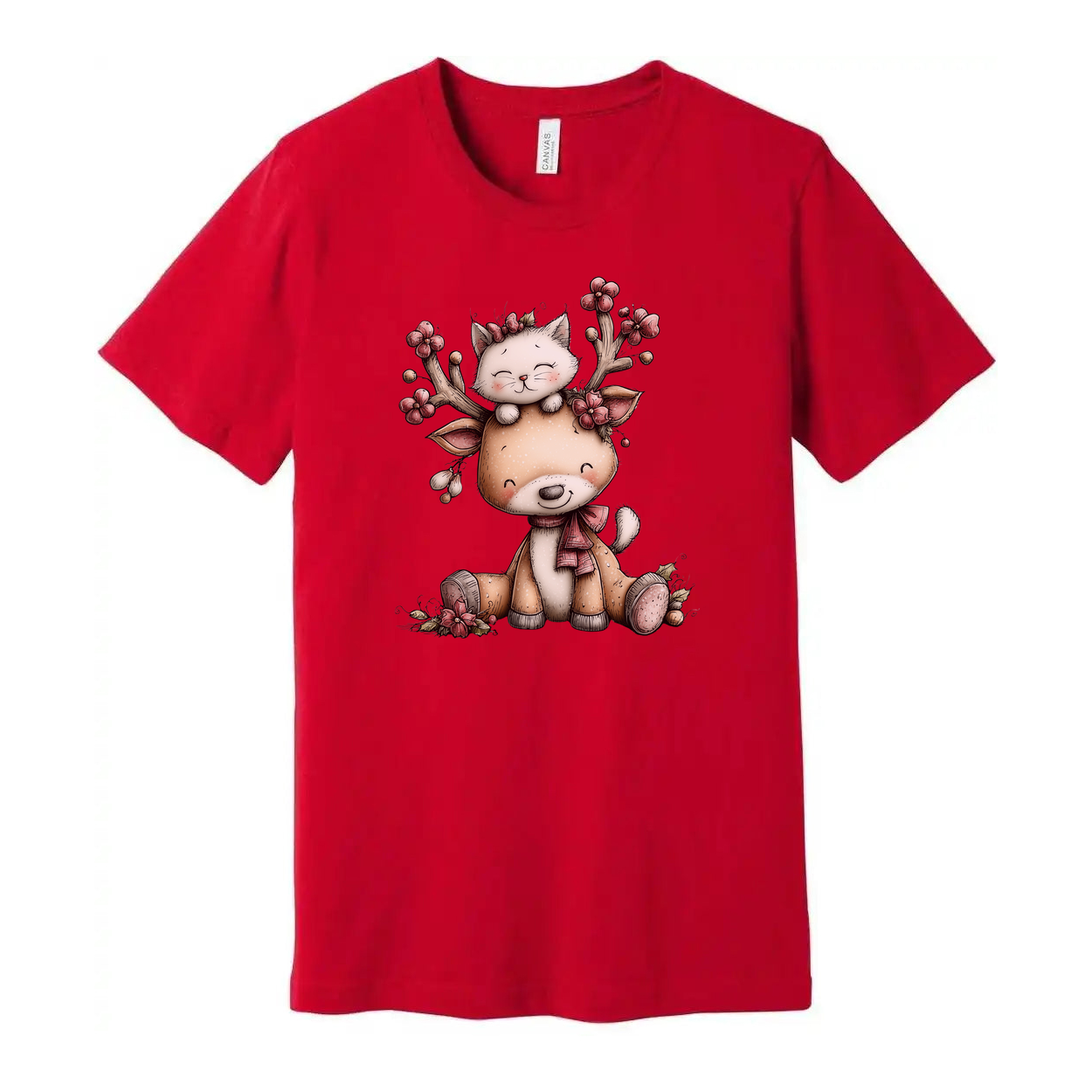 Unisex Christmas T Shirt With Cute Deer And Kitten Graphic Print In Winter Scene