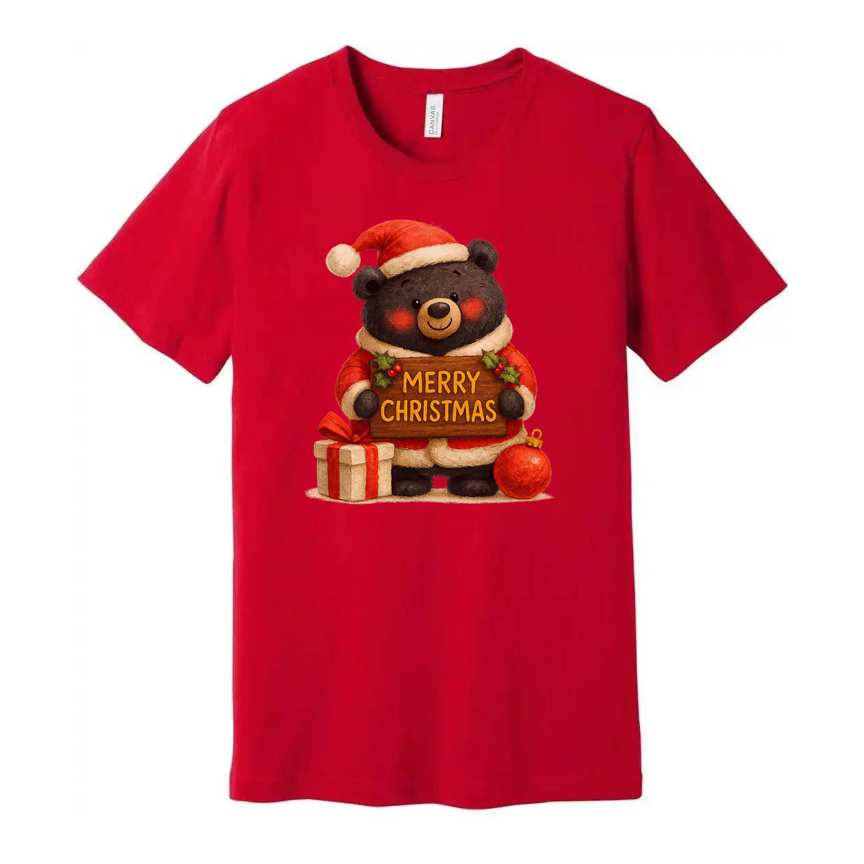Unisex Christmas T Shirt With Cute Bear Santa Graphic Holding A Merry Christmas Sign