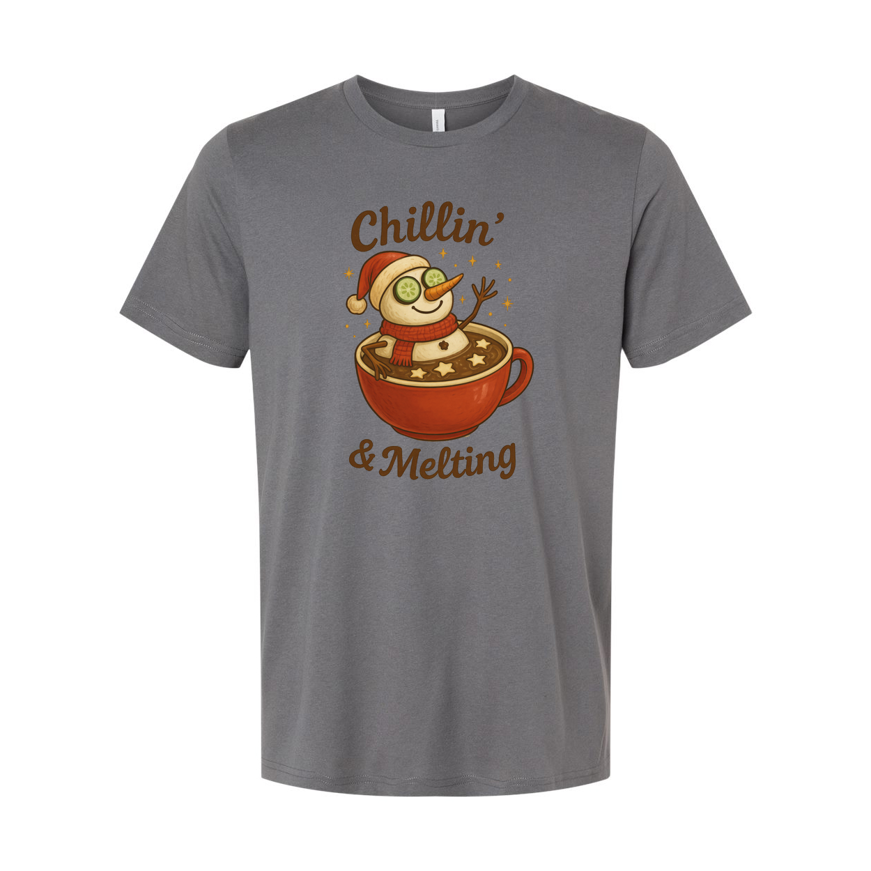 Unisex Christmas T Shirt White Graphic Tee Chillin And Melting Snowman Mug Hot Cocoa Design