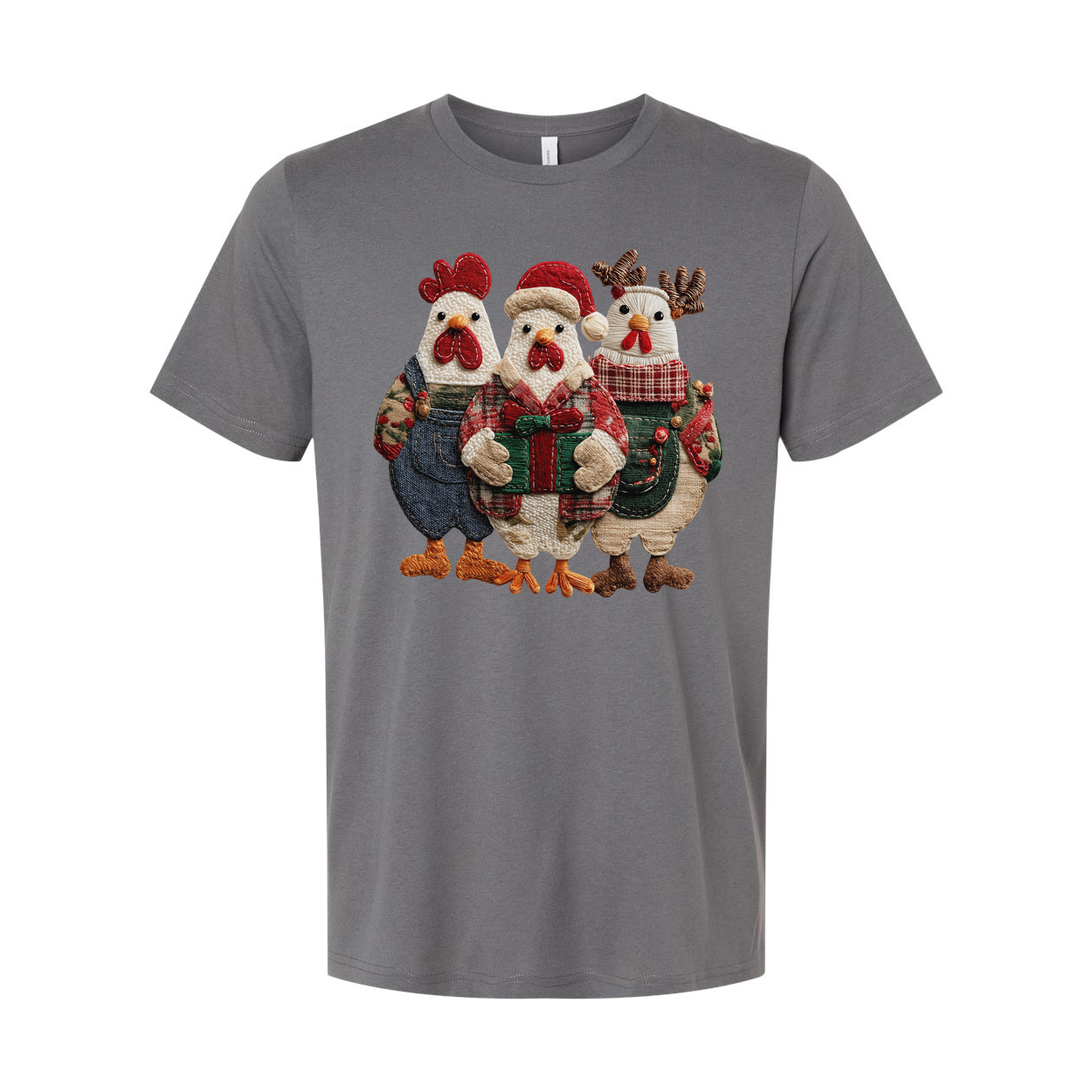 Unisex Christmas T Shirt With Festive Three Chickens In Holiday Outfits And Gift