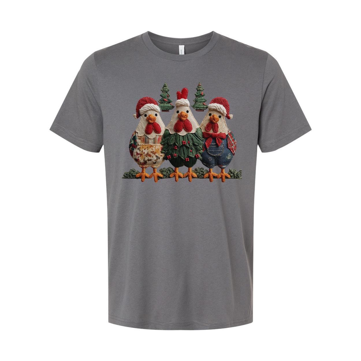 Three Christmas Chickens T Shirt With Santa Hats And Christmas Trees Design Holiday Cheer