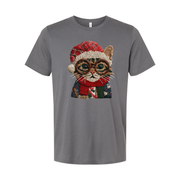 Unisex Christmas Cat Graphic T Shirt With Knitted Look Glasses Santa Hat And Scarf