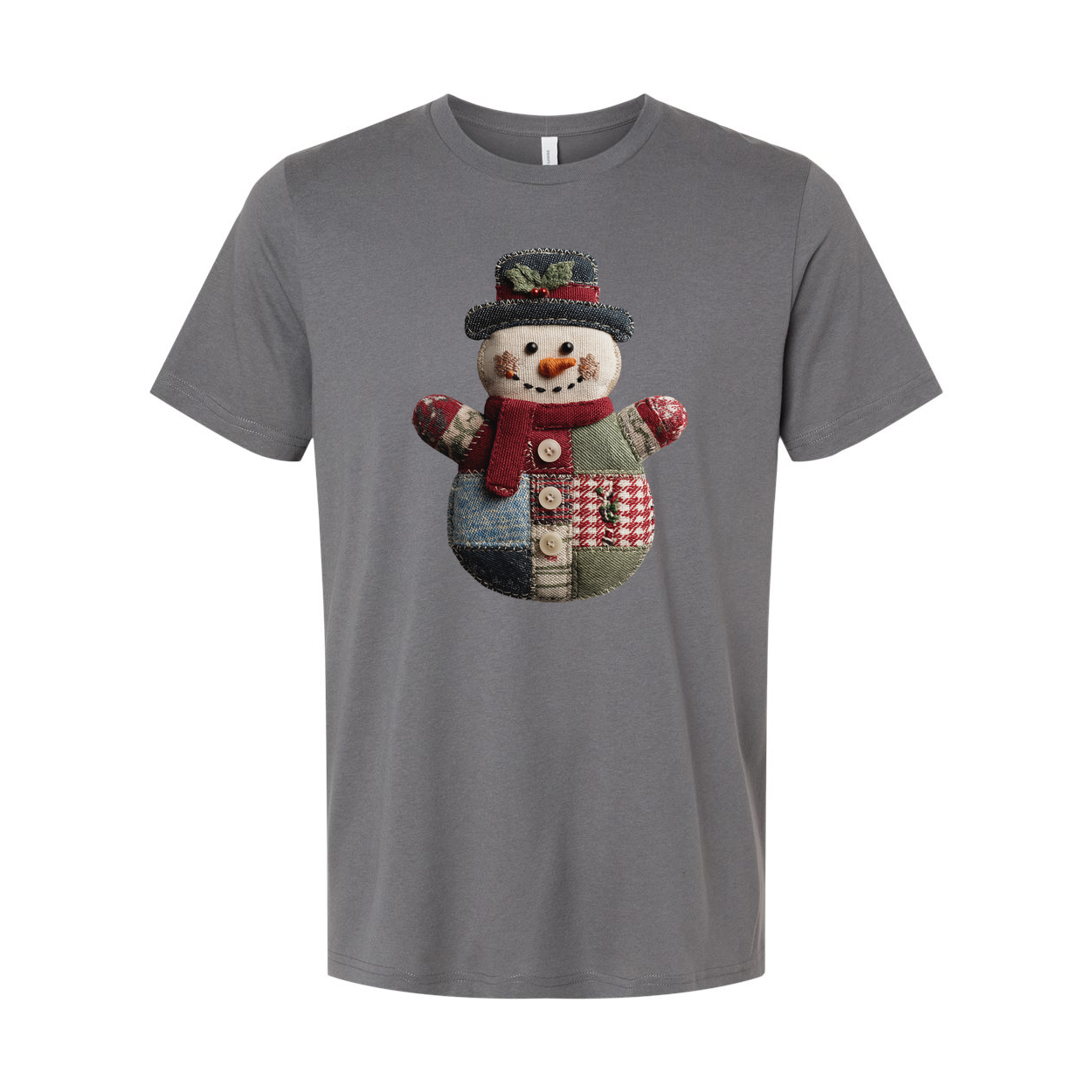 Unisex Christmas Patchwork Snowman T Shirt With Knit Hat And Scarf Button Details