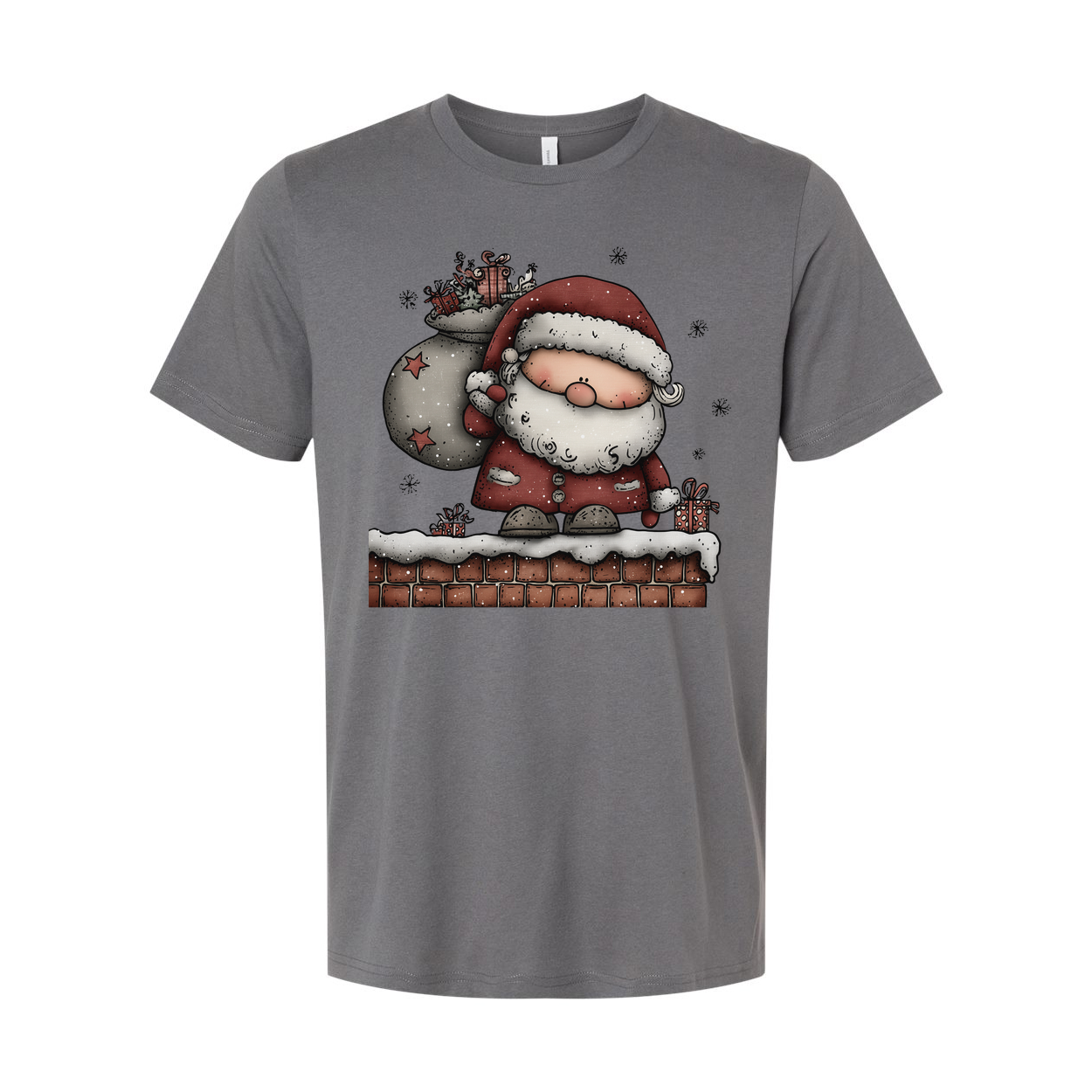Santa Claus Standing On Snowy Chimney With Gift Sack Unisex Christmas Graphic T Shirt