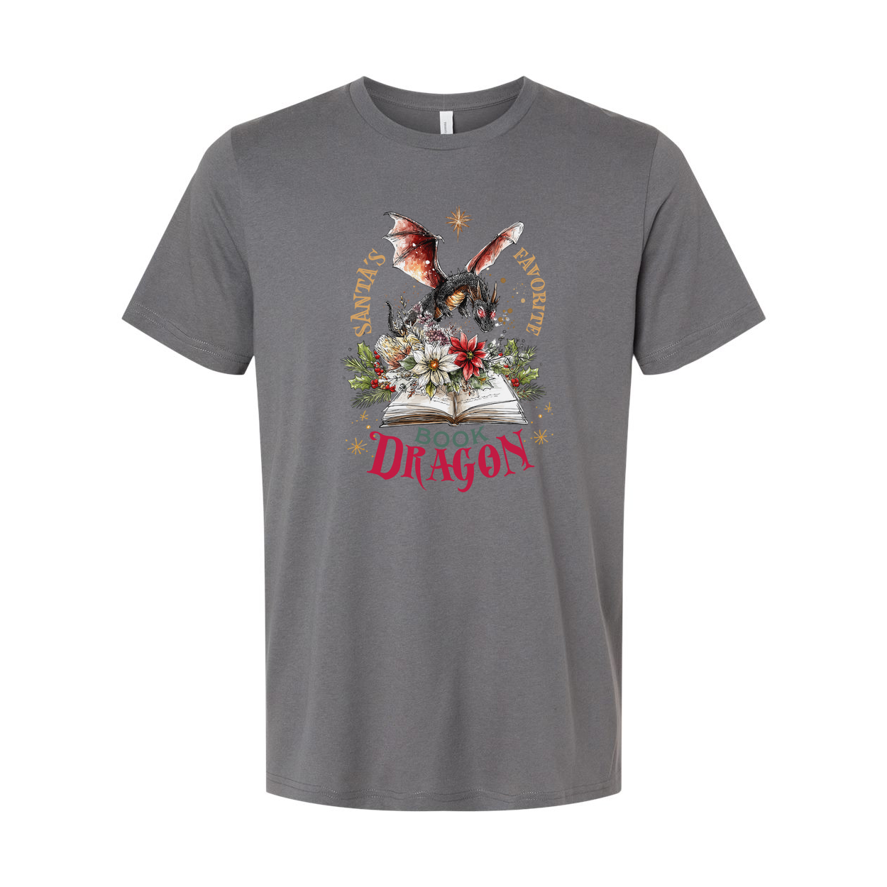 Unisex Christmas T Shirt Featuring A Dragon On An Open Book With Floral Accents And Santas Favorite