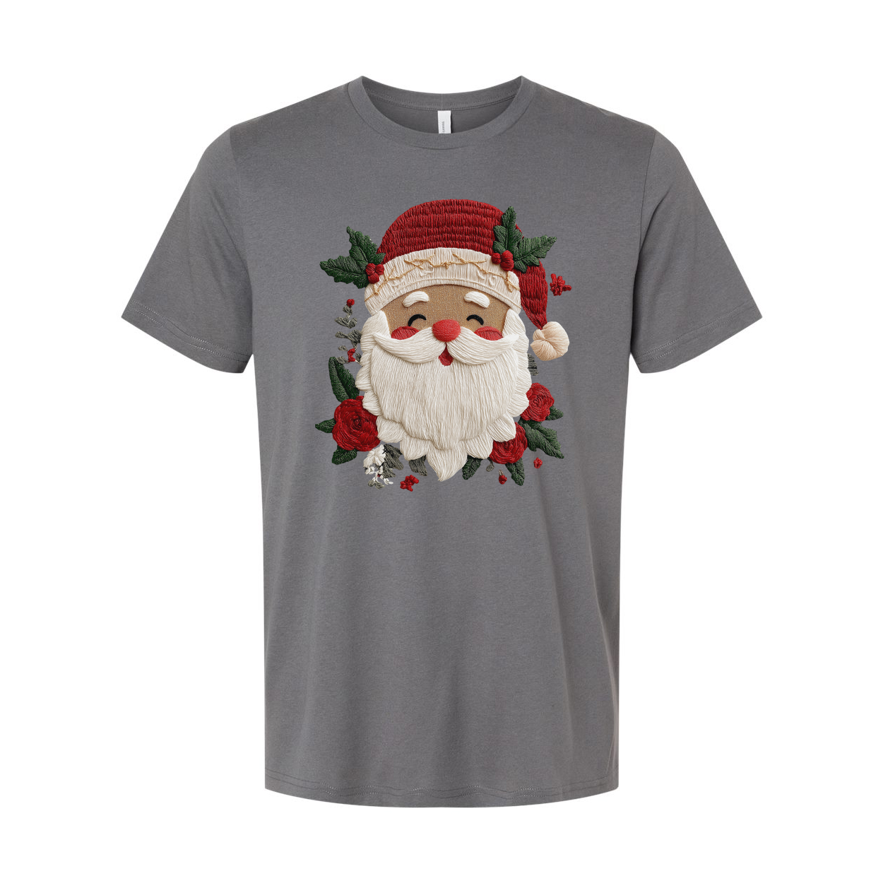 Unisex Christmas T Shirt With Santa Claus Face And Floral Holly Motifs
