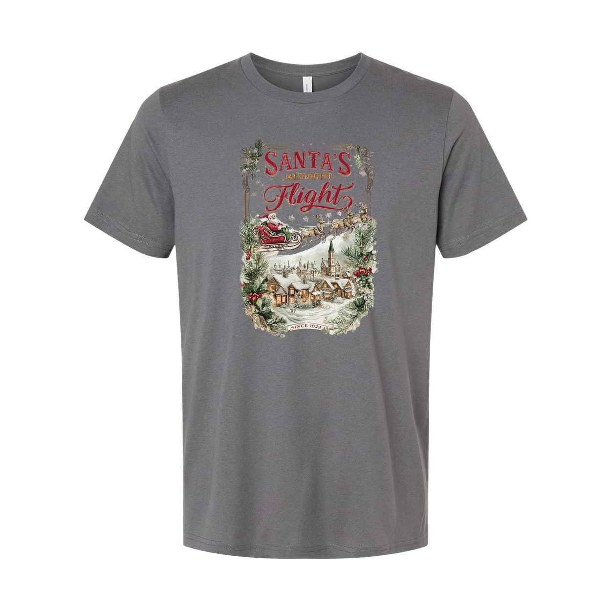 Santa's Midnight Flight Unisex Christmas T Shirt With Vintage Village Scene Festive Design