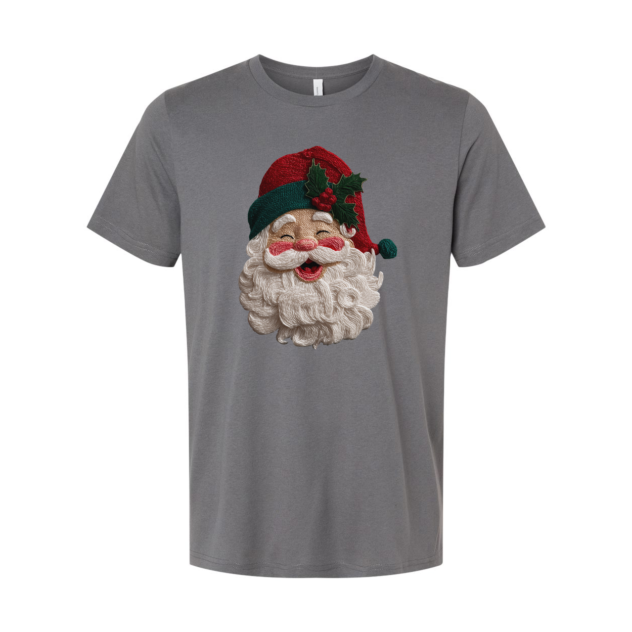 Unisex Christmas T Shirt With Santa Face And Holly Hat Design For Holiday Cheer