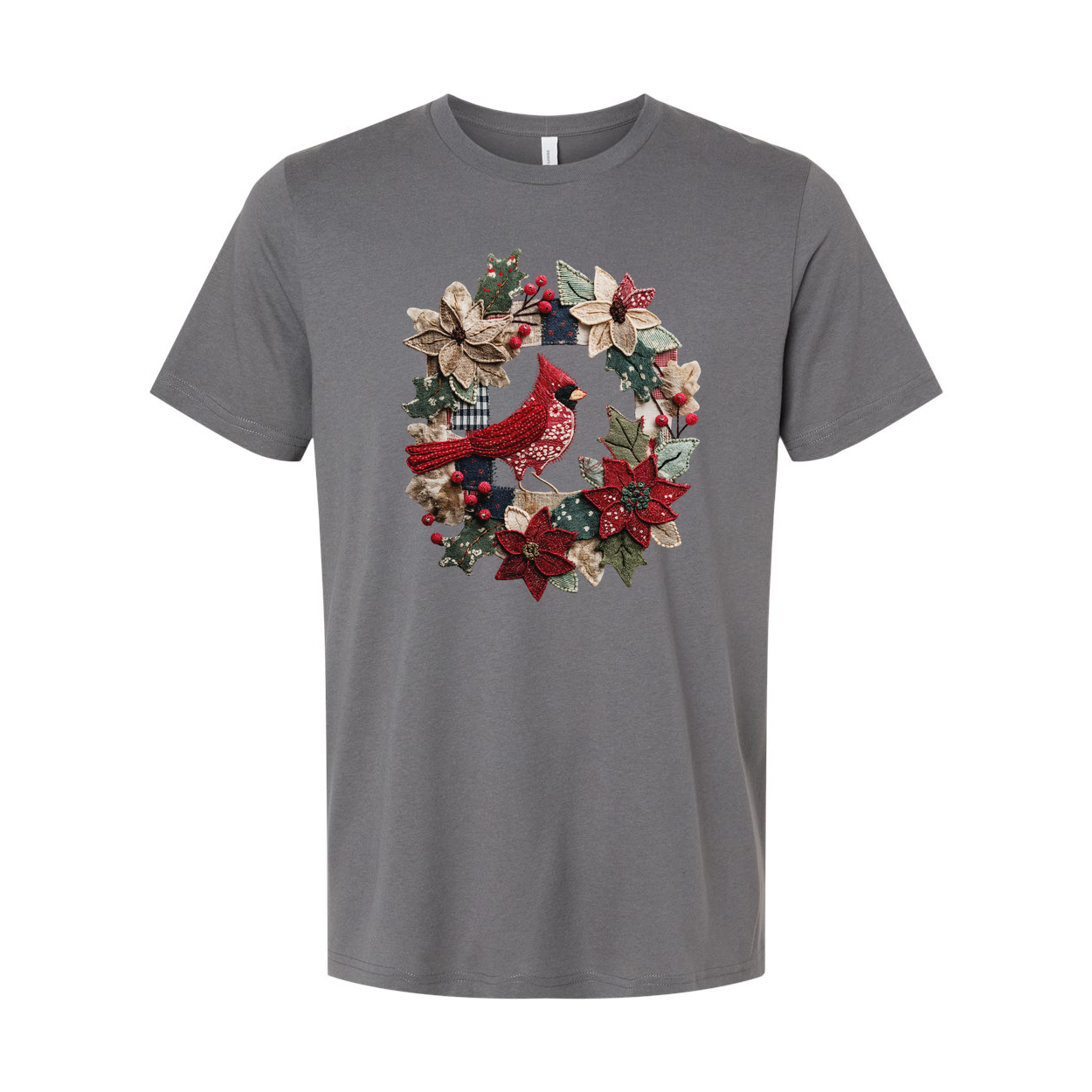 Unisex Christmas T Shirt Featuring Red Cardinal In A Festive Holly And Poinsettia Wreath